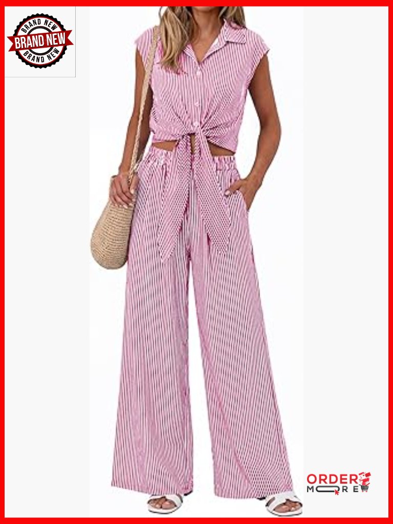 Striped Button Down Crop Top & Wide Leg Pant Set